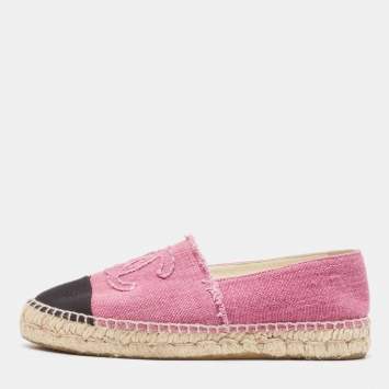 Pre Owned Chanel Pink/Black Canvas CC Espadrille Flats Size 39