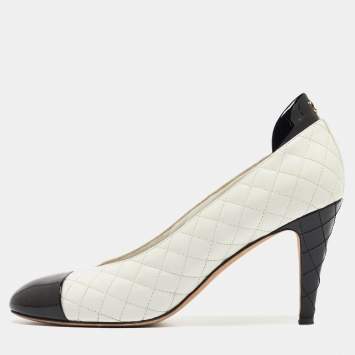 Pre Owned Chanel White/black Leather and Patent  Cap Toe Pumps Size 40