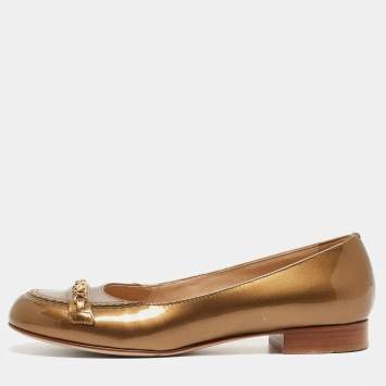 Pre Owned Chanel Metallic Patent Leather CC Chain Link Loafers Size 36.5