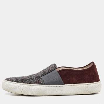 Pre Owned Chanel Tri Color Tweed and Suede Slip On Sneakers Size 36