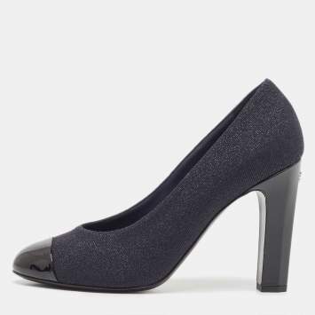 Pre Owned Chanel Navy Blue/Black Lurex Fabric and Patent Leather Cap Toe Pumps Size 39
