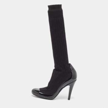Pre Owned Chanel Black Patent Leather and Knit Fabric Sock Pumps Size 35