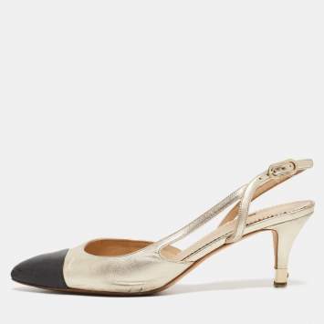 Pre Owned Chanel Gold/Black Leather Cap Toe Slingback Pumps Size 38.5