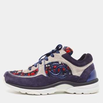 Pre Owned Chanel Multicolor Tweed and Suede CC Low Top Sneakers Size 39