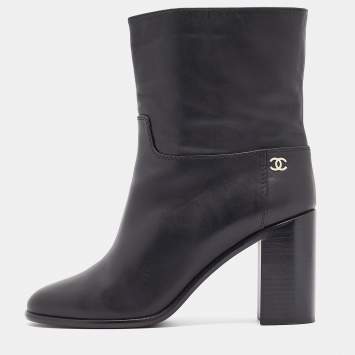 Pre Owned Chanel Black Leather CC Ankle Boots Size 39