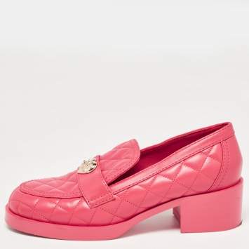 Pre Owned Chanel Pink Quilted Leather CC Block Heel Loafers Size 40