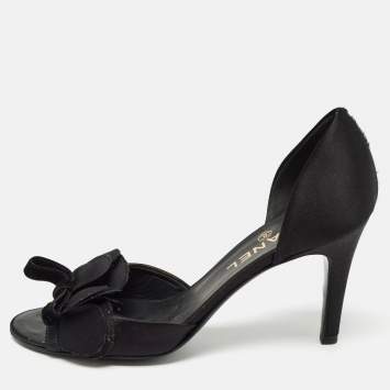 Pre Owned Chanel Black Satin Floral Applique CC Bow D'orsay Pumps Size 36.5