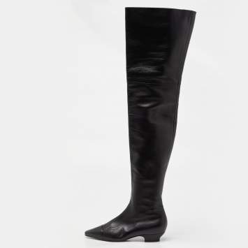 Pre Owned Chanel Black Leather Thigh High Boots Size 37