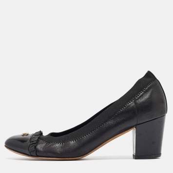 Pre Owned Chanel Black Leather And Elastic Cap Toe Pumps Size 37