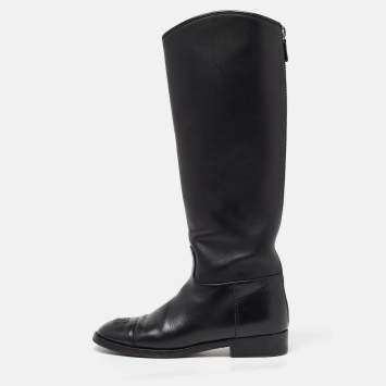 Pre Owned Chanel Black Leather CC Cap Toe Knee Length Boots Size 38