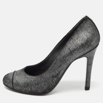 Pre Owned Chanel Grey Texture Suede Cap Toe Pumps Size 37