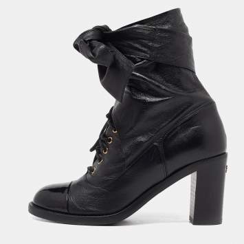 Pre Owned Chanel Black Leather CC Block Heel Ankle Tie Booties Size 36.5