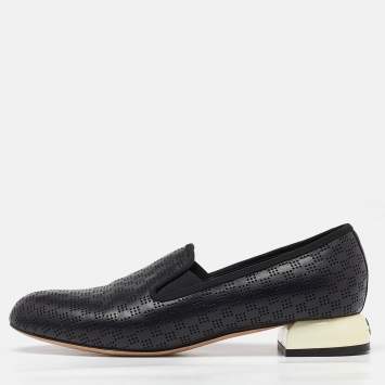 Pre Owned Chanel Black Perforated Leather CC Slip On Loafers Size 38.5