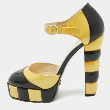 Pre Owned Chanel Yellow/Black Patent Leather Platform Ankle Strap Pumps Size 39