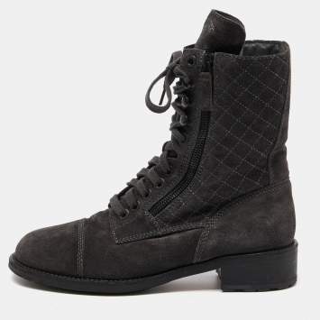 Pre Owned Chanel Dark Grey Quilted Suede CC Ankle Boots Size 39.5 
