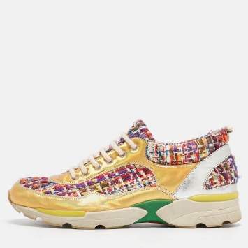 Pre Owned Chanel Multicolor Tweed and Leather CC Low Top Sneakers Size 36