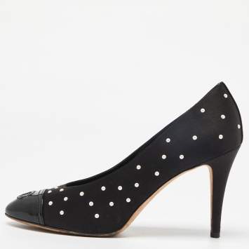 Pre Owned Chanel Black Satin and Patent Leather Pearl Embellished Cap Toe Pumps Size 39