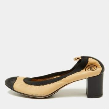 Pre Owned Chanel Beige/Black Leather Cap Toe Scrunch Ballet Pumps Size 36