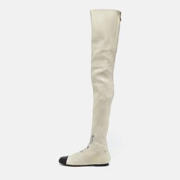 Pre Owned Chanel Cream/Black Leather  Over The Knee Length Boots Size 38