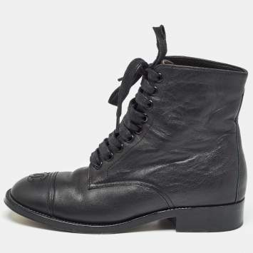 Pre Owned Chanel Black Leather CC Cap Toe Ankle Boots Size 35