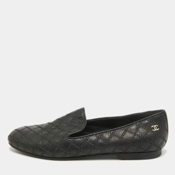 Pre Owned Chanel Black Leather Slip On Smoking Slipper Size 36
