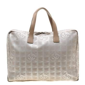 Pre Owned Chanel Beige Jacquard Travel Ligne Laptop Bag