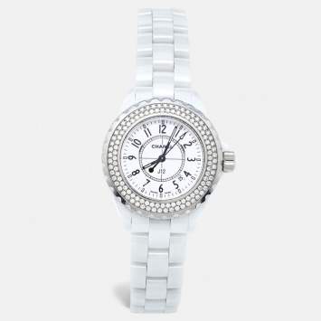 Pre Owned Chanel White Ceramic Stainless Steel Diamond J12 H0967 Women's Wristwatch 33 mm