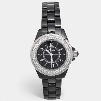 Pre Owned Chanel Black Ceramic Stainless Steel Diamond J12 H0949 Women's Wristwatch 33 mm