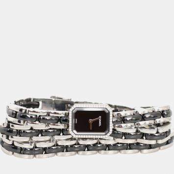 Pre Owned Chanel Black Quartz Ceramic, Stainless Steel Diamond Premiere Mini Triple Bracelet Wrist Watch