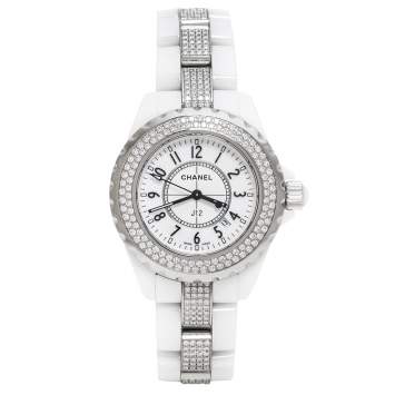 Pre Owned Chanel White Ceramic Diamond J12 Women's Wristwatch 34 mm