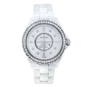 Pre Owned Chanel White Ceramic Stainless Steel Diamond J12 Women's Wristwatch 39 mm
