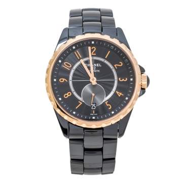 Pre Owned Chanel Black Gold Tone Black Ceramic Stainless Steel J12 H3838 Women's Wristwatch 36 mm