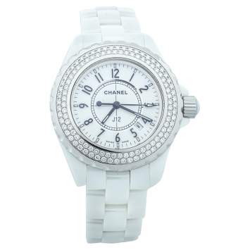 Pre Owned Chanel White Ceramic & Stainless Steel Diamonds J12 Women's Wristwatch 33 mm