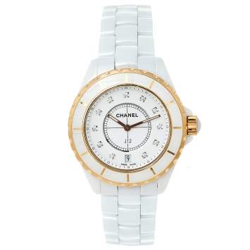 Pre Owned Chanel White 18K Yellow Gold & Ceramic J12 H2181 Women's Wristwatch 39 mm