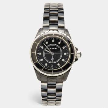 Pre Owned Chanel Black Diamond Ceramic Stainless Steel J12 H2124 Unisex 38 mm 