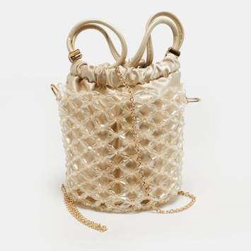 Pre Owned Charles & Keith Light Cream Beaded Chain Bucket Bag