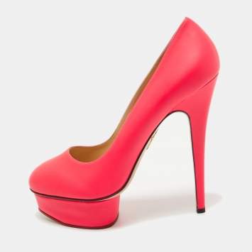 Pre Owned Charlotte Olympia Neon Pink Leather Dolly Platform Pumps Size 41