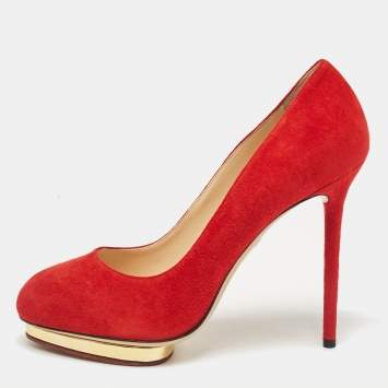 Pre Owned Charlotte Olympia Red Suede Dolly Platform Pumps 40.5