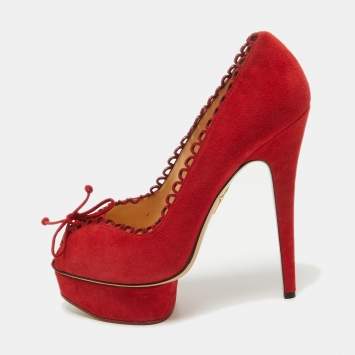 Pre Owned Charlotte Olympia Red Suede Platform Pumps Size 40.5