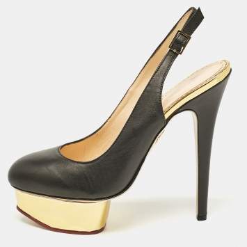 Pre Owned Charlotte Olympia Black Leather Dolly Slingback Pumps Size 38