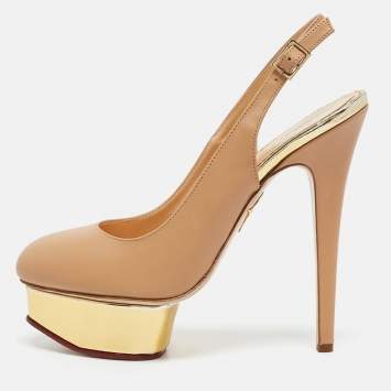 Pre Owned Charlotte Olympia Beige Leather Dolly Slingback Platform Pumps Size 38