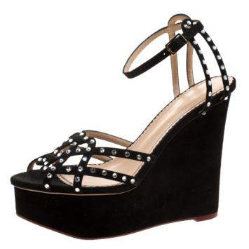 Pre Owned Charlotte Olympia Black Suede Crystal Embellished Wedge Sandals Size 40