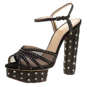 Pre Owned Charlotte Olympia Black Suede And Mesh Cactus Crystal Studded Ankle Strap Platform Sandals Size 41