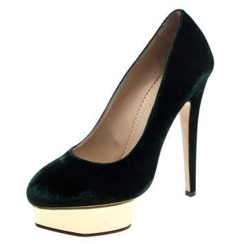 Pre Owned Charlotte Olympia Green Velvet Dolly Platform Pumps Size 40