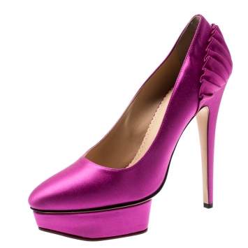 مملوكة مسبقًا Charlotte Olympia Fuchsia Pink Satin Paloma Fan Pleat Platform Pumps Size 40
