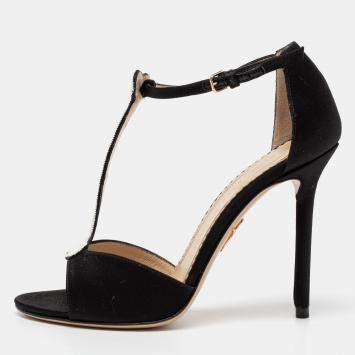 Pre Owned Charlotte Olympia Monochrome Satin Skeleton T Strap Sandals Size 36.5
