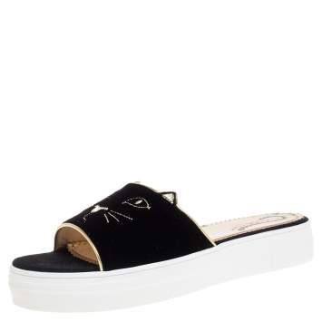 Pre Owned Charlotte Olympia Black Velvet Kitty Slide Platform Sandals Size 40