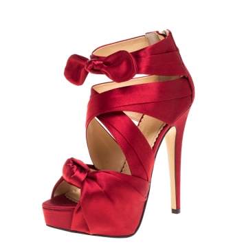 Pre Owned Charlotte Olympia Red Satin Andrea Knotted Platform Sandals Size 35