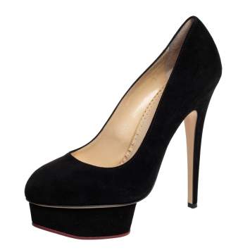 Pre Owned Charlotte Olympia Black Suede Dolly Platform Pumps Size 40
