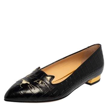 Pre Owned Charlotte Olympia Black Leather Kitty Flats Size 40.5